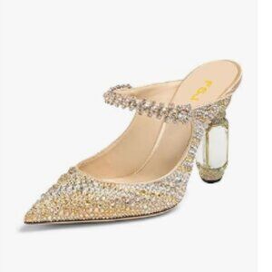 FSJ Gold Rhinestones Crystal Chunky Heeled Mules Wedding Sandals Rhinestone Shoe